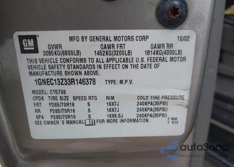 2003 Chevrolet Tahoe Lt z USA, uszkodzony, nr VIN 1GNEC13Z33R146378